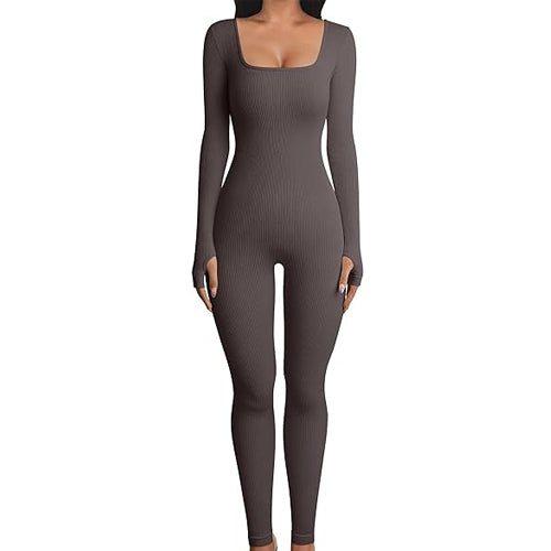 Women's Yoga Sports Fitness Jumpsuit Workout Long Sleeve Square Collar one piece spandex pants