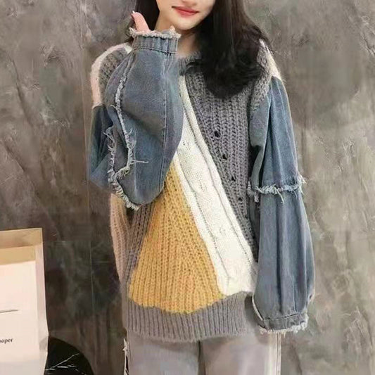 Women's Thin And Loose Denim Stitching Twist New Sweater