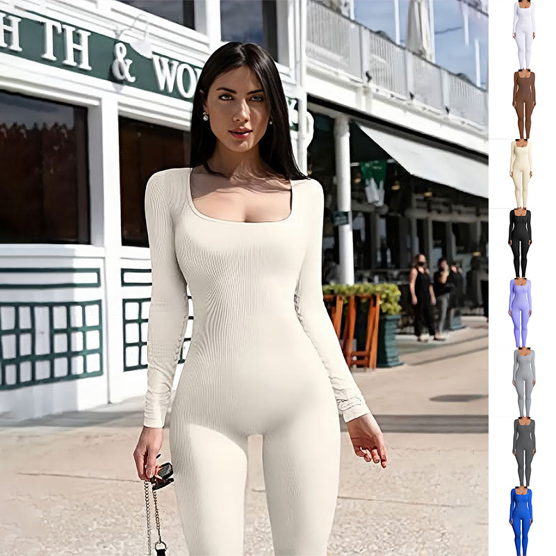 Women's Yoga Sports Fitness Jumpsuit Workout Long Sleeve Square Collar one piece spandex pants