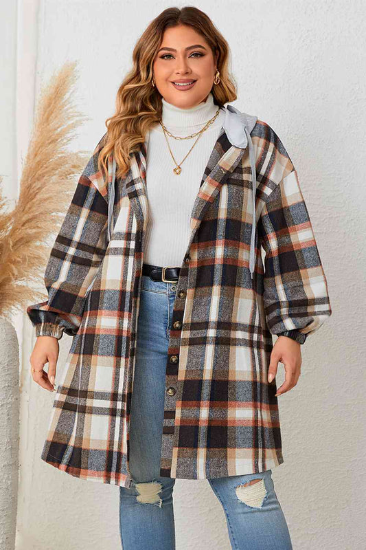  Size Plaid Drop Shoulder Hooded Coat