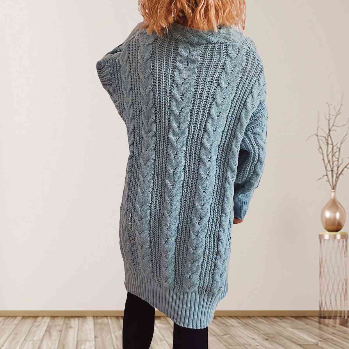 Cable-Knit Open Front Dropped Shoulder Cardigan